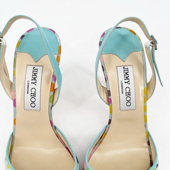 Vintage Y2K Jimmy Choo Multicolor Polka Dot Satin Slingback Peep Toe Heels IT 37 - Picture 7 of 10